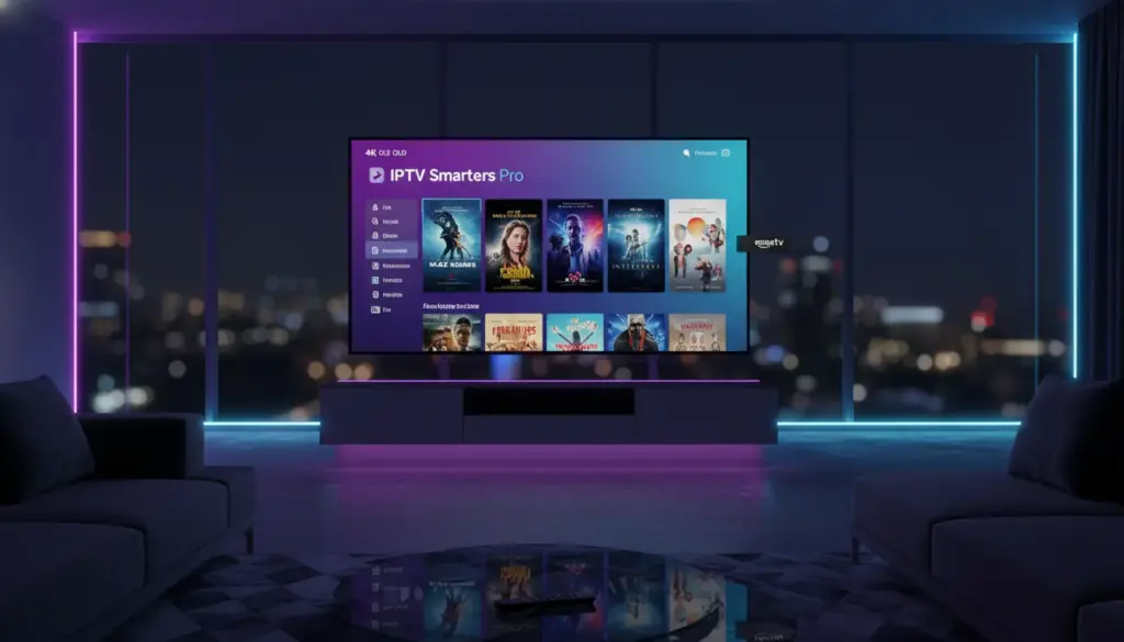 how to download iptv smarters pro on firestick 2026. A modern home entertainment setup featuring a TV screen with a vibrant IPTV streaming interface and a Firestick device.
