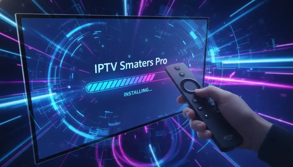 A close-up view of a Firestick remote being used to install IPTV Smarters Pro with a glowing blue progress bar on screen.