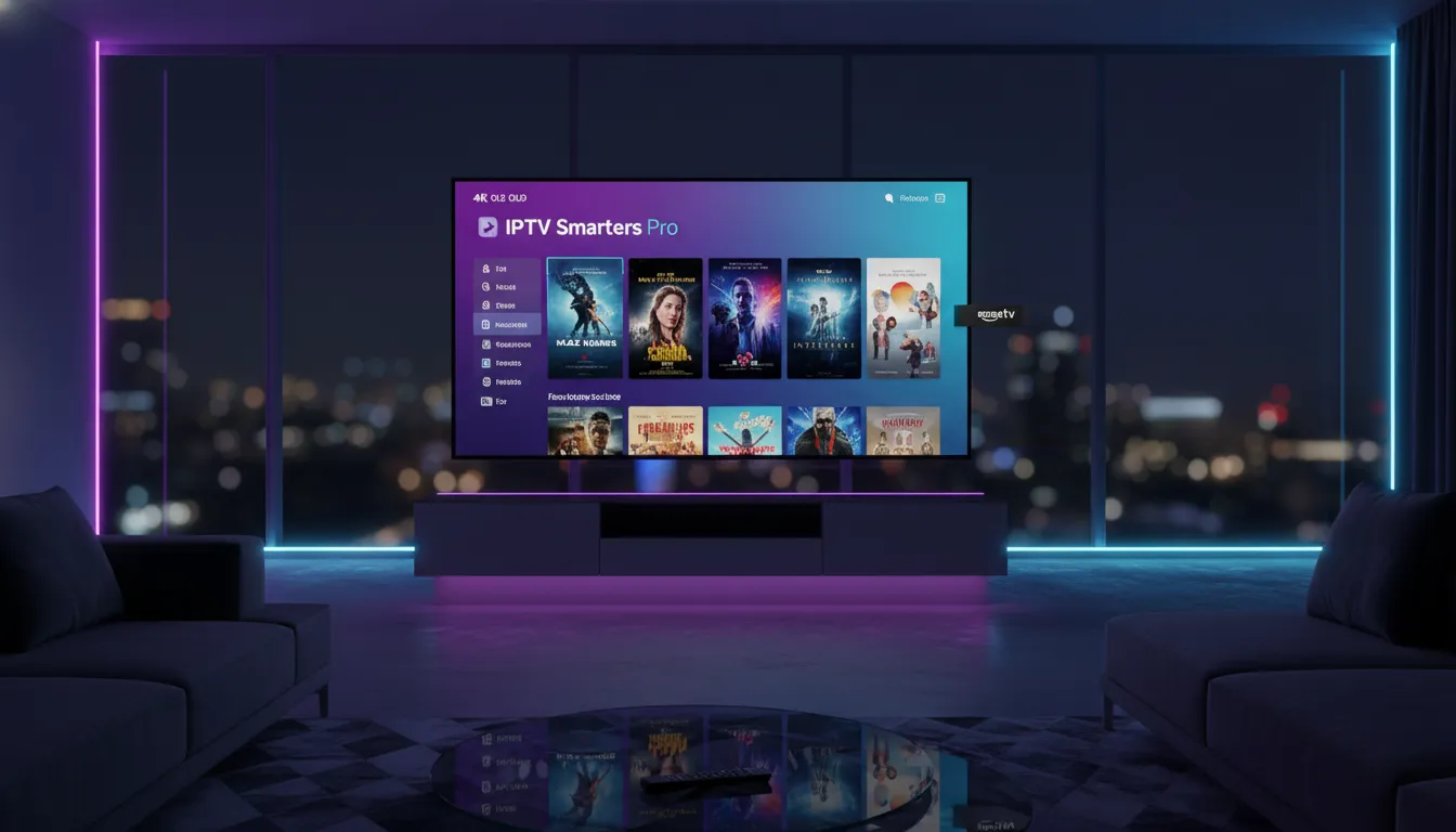 how to download iptv smarters pro on firestick 2026. A modern home entertainment setup featuring a TV screen with a vibrant IPTV streaming interface and a Firestick device.