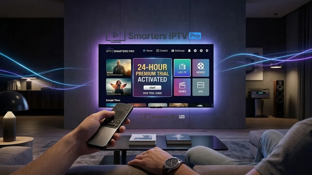 Best premium iptv free trial access on Smart TV showing 4K sports channels and movie library