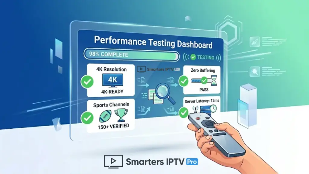 IPTV free trial​ Checking 4K channel quality during an iptv free trial showing buffer performance test ultra high definition streaming comparison sports movies entertainment channels signal strength indicator network speed verification multiple device testing smartphone tablet Amazon Fire TV Stick quality assessment premium server infrastructure USA UK Canadian broadcast content playback