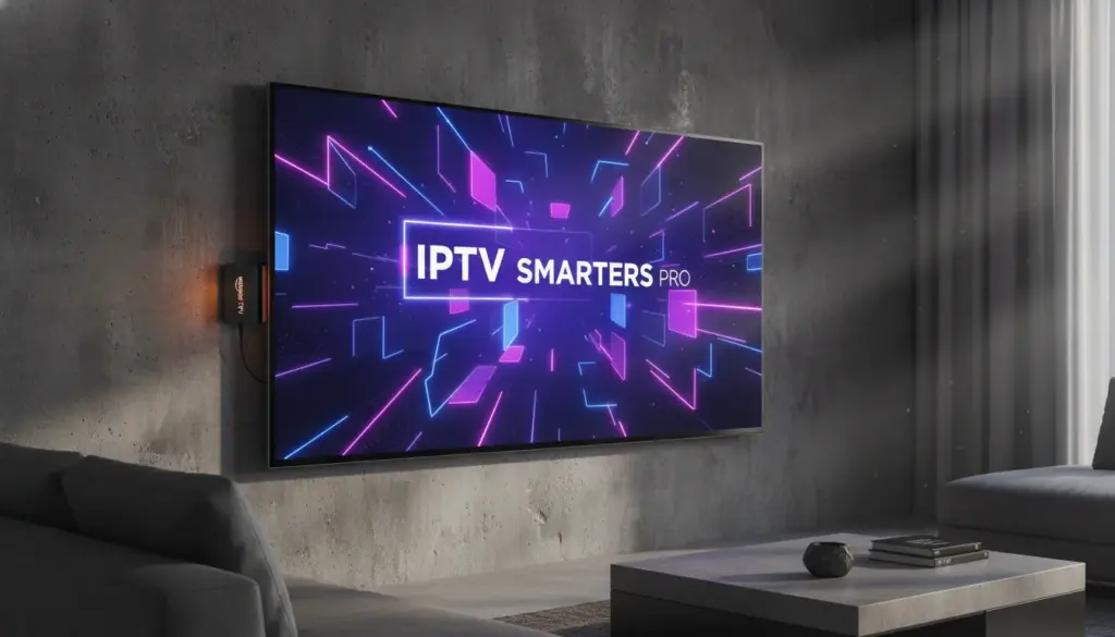 how to install iptv smarters pro on firestick. A modern smart TV displaying the IPTV Smarters Pro interface on an Amazon Firestick in a high-tech living room.