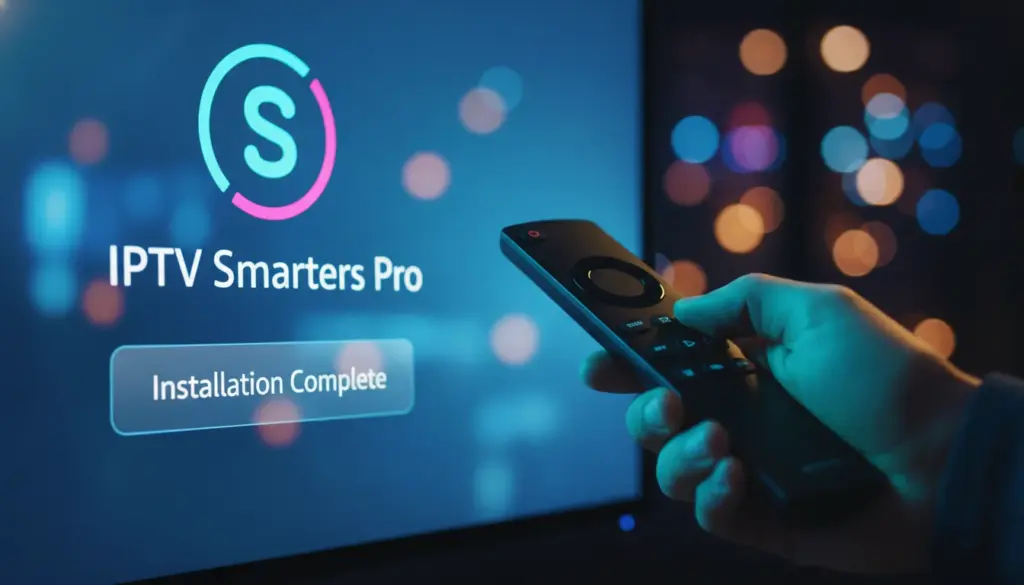 Close-up of a user using an Amazon Fire TV remote to navigate the IPTV Smarters Pro installation screen.